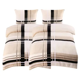 One Home Bettwäsche Winter Cashmere Touch Adzo, Fleece, 4 teilig, gestreift grafisch, flauschig warmes Teddy Plüsch Normalgröße beige