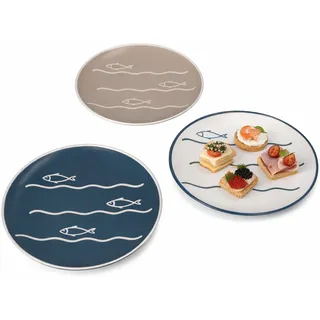 6er Set Dessertteller Fisch Keramik weiß beige blau Kuchenteller 6Pers