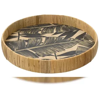 KSD Tablett Rund Rattan mit Print 35x5cm - Deko Serviertablett - Dekoschale Dekotablett - Serving Tray Natur - Dekoteller mit Print Home Decor