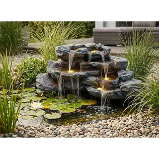 Arnusa Wasserfall Bachlauf für Teich große Kunstfelsen Kaskade mit Beleuchtung und Pumpe, 100 cm Breite, (BK-T300), Teichdekoration Springbrunnen mit warmweißen LED's beige|grau