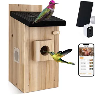Vogelhaus mit Kamera für Außenbereich, Nistkasten aus Massivholz, Solarbetrieben mit App-Steuerung, für Garten und Balkon