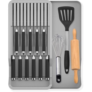 Mulikeer Messerhalter Küchenschublade Organizer Tablett für Messer in der Schublade Messerblock Halter hält 11 Messer mit erweiterbarer Organizer-Aufbewahrungsschale