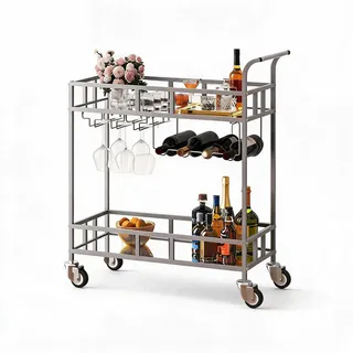 Aptliton Servierwagen Silber, 2-stöckiger Barwagen mit verspiegelten Glasablagen, Getränkewagen mit 4 Weinflaschenhaltern und 3 Gläserhaltern, für Küche, Esszimmer, Bar, 89×33×91 cm