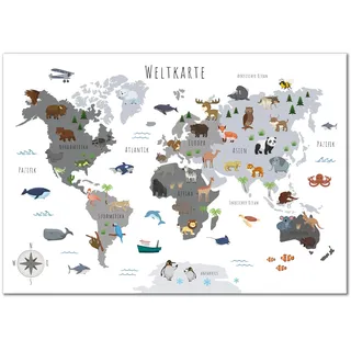 Kinderzimmer Weltkarte Poster mit mehr als 50 Tieren I Bunte Tierweltkarte Wanddeko für Jungen und Mädchen I Hochwertiger Druck (Schwarz/Weiss, 60x40cm)