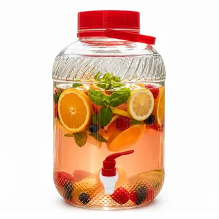 Relaxdays Getränkespender, 10 Liter, Glas, Kaltgetränke, Zapfhahn, Deckel, Tragegriff, Wasserspender, transparent/rot