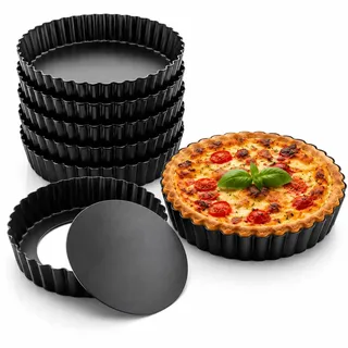 PRECORN 6 Stück Mini Tarteform Set 10 cm – Runde Tartelette Förmchen mit Hebeboden, Antihaftbeschichtete Kohlenstoffstahl Backformen für Tartes, Pies & Quiches – Inkl. Silikon Reinigungsbürste & Ölpin