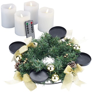 Adventskranz mit goldfarbenem Schmuck, inkl. LED-Kerzen in weiß