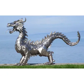 Casa Padrino Luxus Gartendeko Skulptur Drache Silber 290 x 75 x H. 177 cm - Riesige Edelstahl Deko Figur - Gartenfigur - Hotel Garten Deko