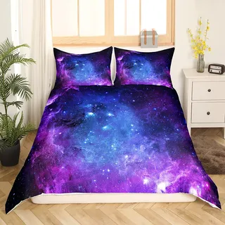 Galaxy Bettwäsche Set 155x220 cm für Mädchen Jungen Kinder Sternenhimmel Bettbezug Set Blau Lila mit 1 Kissenbezügen Stars Stil Betten Set Ultraweicher Mikrofaser-Reißverschluss Grelle Farbe