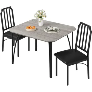 Set aus Esstisch und Stühlen für 2 Personen, leichter Küchentisch mit 2 gepolsterten Stühlen, Metallplatte, Esstisch und Stühlen, 3-teilig, für kleine Räume, Wohnung (Grau)