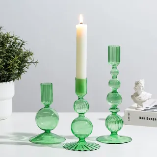 Glasseam Glas Kerzenständer Stabkerzen Grün: 3er Set Bunt Kerzenhalter Stabkerze Farbig Stabkerzenhalter für Tisch Deko Modern Kerzenständer Weihnachten für Wohnzimmer Esstisch Dekoration