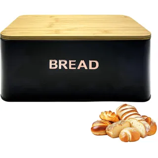 Brotkasten mit Deckel aus Bambus, Metall Brot Aufbewahrungsbox, Knäcke Brotbox, Brotaufbewahrung Box, Knäckebrotdose 33.5x19x15cm, Brotbehälter Bread Box, Brotkorb Für Backwaren (Schwarz,Quadratisch)