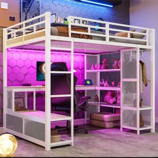 Merax Hochbett 140x200 cm mit Schreibtisch und Stauraum, Multifunktionales Metallbett mit LED & USB, Gaming Bett Loftbett mit offenem Kleiderschrank, Platzsparendes Jugendbett, Weiß