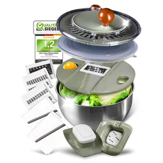 VELVOMAX 6in1 Salatschleuder Edelstahl 4.5L [Multifunktion] Gemüseschneider Servierschüssel & Salad Spinner in einem - Spülmaschinengeeignet - rutschfeste Salatschüssel mit Deckel für Kochliebhaber