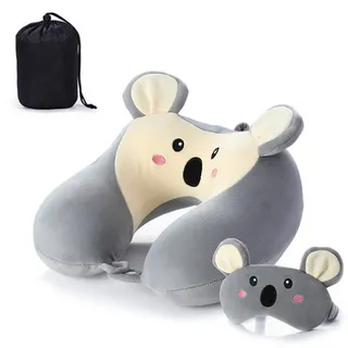 AOOPOO Memory Foam Reisekissen Kinder Nackenkissen Niedliche Tierform Nackenhörnchen Kopfstütze Baby Reise Schlafkissen mit Augenabdeckung Aufbewahrungstasche (Koala)