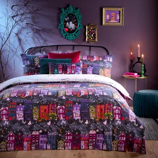 Furn. Creepy Town Halloween-Bettwäsche-Set – Anthrazit – Einzelbett, Grau