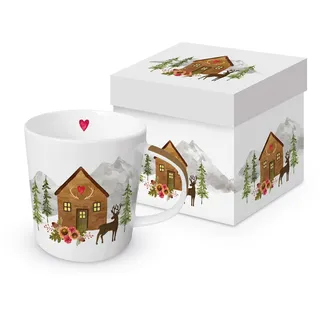 Tasse Tiermotive Hüttenzauber an Gebirgsszene aus Porzellan. Motivtasse für den gedeckten Tisch und als Geschenk 0,4L x H10,5cm