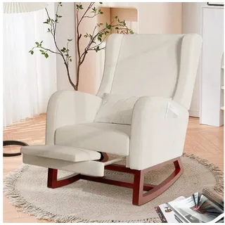 FUROKOY Schaukelstuhl Relaxsessel Stillsessel mit Holzsockel Fußstütze (Set, 1 St), Schaukelsessel,Leinenstoff,2 Seitentaschen,1 Lendenkissen,Beige beige
