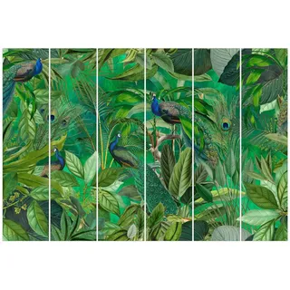 Bilderdepot24 Schiebegardine modern Flächenvorhang blickdicht Pfauen im Dschungel (6 St), halbtransparent, Wohnzimmer große Flächengardine lichtdurchlässig als Klemm-System grün 360 cm x 250 cm