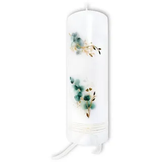 Fritz Cox Stumpenkerze Hochzeitskerze mit Eukalyptus & Gold, Traukerze mit Satinband 25cm