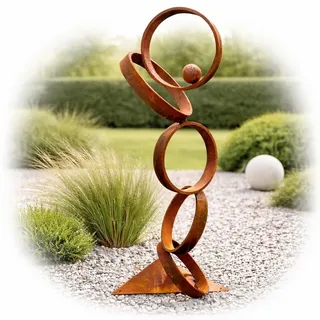 Moderne Garten Skulptur Metall Rostoptik 93 cm – Abstrakte Ringskulptur aus Rohstahl für Garten Terrasse Balkon Hof Outdoor Deko wetterfest XXL - Braun