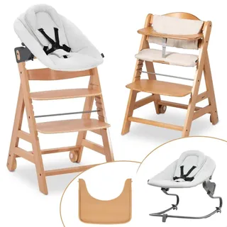 hauck Hochstuhl Beta+ Newborn Set Premium Light Grey - Babyhochstuhl Set ab Geburt mit Neugeborenen Aufsatz Bouncer, Sitzpolster und Essbrett - Natural