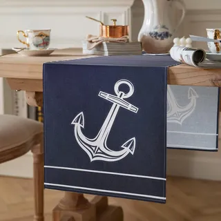 Tischläufer Marine Blau Streifen Weiß Maritimes Thema und Anker Tischläufer Modern Wohnzimmer Dekorativ Frühling Sommer für Esstisch Party Hochzeit Leinen Tischläufer 40 x 140 cm