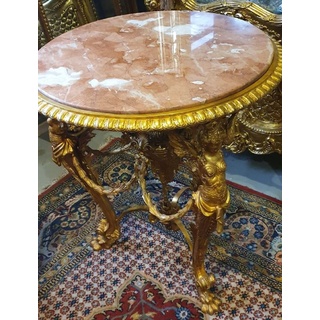 Casa Padrino Luxus Barock Beistelltisch Gold / Beige / Braun - Prunkvoller runder Bronze Tisch mit Marmorplatte - Luxus Möbel im Barockstil - Barockstil Wohnzimmer Möbel - Barock Möbel