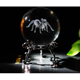 HDCRYSTALGIFTS 60 mm 3D-Kristallkugel, Spinne, Halloween-Dekoration mit Ständer, 3D-Lasergravur, Vogelspinne, Tierfigur, Requisite, dekoratives Glas, volle Kugel, Tisch-Briefbeschwerer
