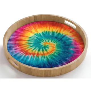 OnlyWow Tablett Rund mit Henkel Regenbogenfarben - Krawattenfärbung -, Eichenholz, (1-tlg), Servierbrett Groß, Tischdeko, Platte, Tisch Deko 50 cm x 50 cm x 5 cm