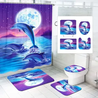 SMchwbc Ozean Delfin Duschvorhang 180x200 Fisch Blau Strand Duschvorhänge Set Polyester Pflanzen Shower Curtains Badezimmerteppich 4-teiliges Set (200 x 200 cm(BxH),3)
