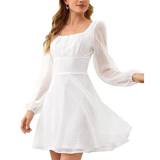 B.X A-Linien-Kleid Damen Minikleid Polka Dots Square Punkten elegantes Volantkleid Langärmliges mit Neck A-Linien-Kleid aus Chiffon Laternenärmeln weiß XL