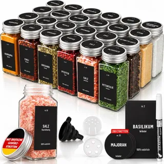 Deco haus Gewürzgläser Eckig Luftdicht - 24 Set Gewürzdosen + 280 Etiketten | Gewürzstreuer Glas mit Streueinsatz, Stift - Gewürzbehälter 120 ml - Spice Jars set - Gewürze Gläser - Gewürzaufbewahrung