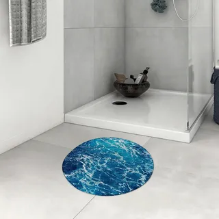 DHAEY Badezimmerteppich rutschfest Welle Blaue Meereswelle Waschbar Teppich rund Weich Flauschig Badteppich Weich Kurzflor Mikrofaser Badvorleger 60 cm