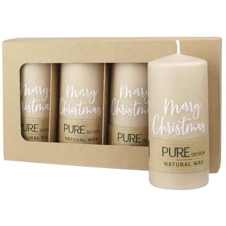PURE NATURAL WAX, Sahara-Weiß, Stumpenkerze „Merry Christmas“, WENZEL, 130/60 mm, Brenndauer ca. 40h, 100% plastikfrei, 4 Stück