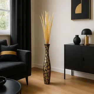 Leewadee Große Deko Bodenvase Für Dekozweige, Hohe Standvase Für Pampasgras, Design Holzvase, 70 cm, Schwarz Gold
