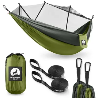 MOUNTAIN GOAT Hängematte Outdoor mit Moskitonetz für 1 Person, 270 × 140 cm, Einzelhängematte mit Befestigungs-Set, Nylon Camping Reisehängematte, 200 kg Belastung, Grau-Grün