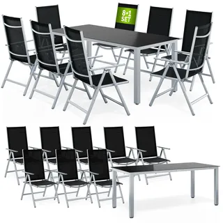 CASARIA Bern Set 9-tlg. Tischplatte Sicherheitsglas schwarz/silber