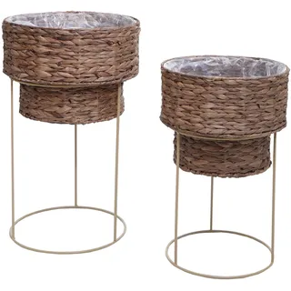 2er-pflanzentopf-set Hhg-904, Pflanzkasten Pflanzkübel Blumentopf, Metall Wasserhyazinthe Dunkelbraun, Gestell Beige