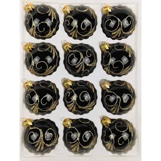 12 TLG. Glas-Weihnachtskugeln Set in Hochglanz Schwarz Goldene Ornamente - Edle Neuheit - Christbaumkugeln - Weihnachtsschmuck-Christbaumschmuck