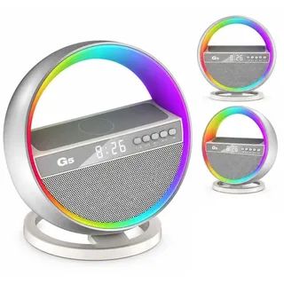 Radiowecker mit Bluetooth Lautsprecher, 6-in-1 Nachttischlampe mit RGB Licht, kabelloses Ladegerät, USB, TF-Karte, AUX und Wecker - Weiß