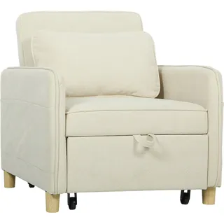 HOMCOM Schlafsessel 3 in 1 Umwandelbarer Sessel mit Bettfunktion, Breiter Sitzfläche, Verstellbarer Rückenlehne, Lendenkissen Schlafsofa mit 6 Seitentaschen, Mais-Samtoptik für Wohnzimmer, Beige   Aosom