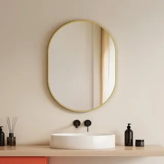 EMKE Badspiegel Oval 45 x 60 cm Ovaler Wandspiegel mit Goldener Rahmen Spiegel Horizontal/Vertikal Dekorativer HD Wandspiegel für Flur/Badzimmer/Wohnzimmer Gold Oval Spiegel