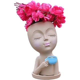 Gesichts-Pflanzgefäße, Kopf-Pflanzgefäß, lustiger Pflanzgefäß-Kopf aus Kunstharz mit Drainageloch, Kaktus-Sukkulenten-Pflanzgefäß, niedliche Gesichter, Blumentopf-Kunst, Mädchen-Gesichts-Blumentöpfe