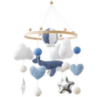 Blauwal Mobile Baby Windspiele – 3D Heißluftballon, Wal, Herz, Wolken Mobile aus Holz mit Filzbällen, Hängende Bettglocke für Babyzimmer Deko, Geschenk für Baby