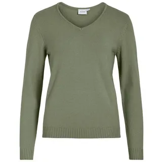 Vila Strickpullover Dünner Strickpullover Basic Stretch VIRIL für Damen Regular Fit V-Ausschnitt unifarben wärmend Ohne Verschluss grün XS (34)
