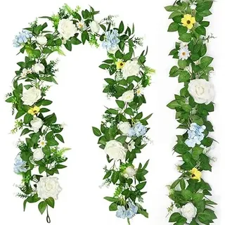 Dremisland 2 Stück Künstliche Blumengirlande Weiß Rosegirlande Eukalyptus Girlande Deko Seidenblumen Sommer Kunstblumen Girlande Hängepflanze Blumenranken für Hochzeit Tischdeko Party Garten Dekor