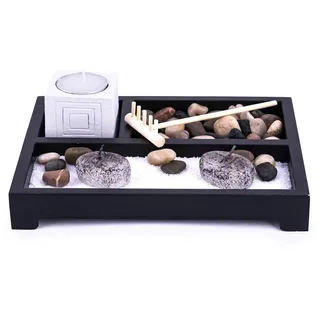 pajoma Zengarten Deko-Set aus Holz | Miniatur-Buddha-Set mit Sand, Steinen, Harke und Kerzen | Meditations- und Wohnaccessoire (20,5 x 20,5 x 6 cm)