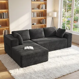 Xbro Ecksofa L-Form modular, Montagefrei Cord Couch 3-Sitzer, Flexibel kombinierbar mit Kissen & Seitentaschen, Für Wohnzimmer und Schlafzimmer, 250 x 136 x 40 cm, Schwarz