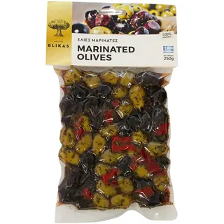Blikas Griechische Grüne und Schwarze Kalamata-Oliven Mariniert mit Oregano und Rotem Pfeffer, Packung mit 2 x 250 g (insgesamt 500 g)